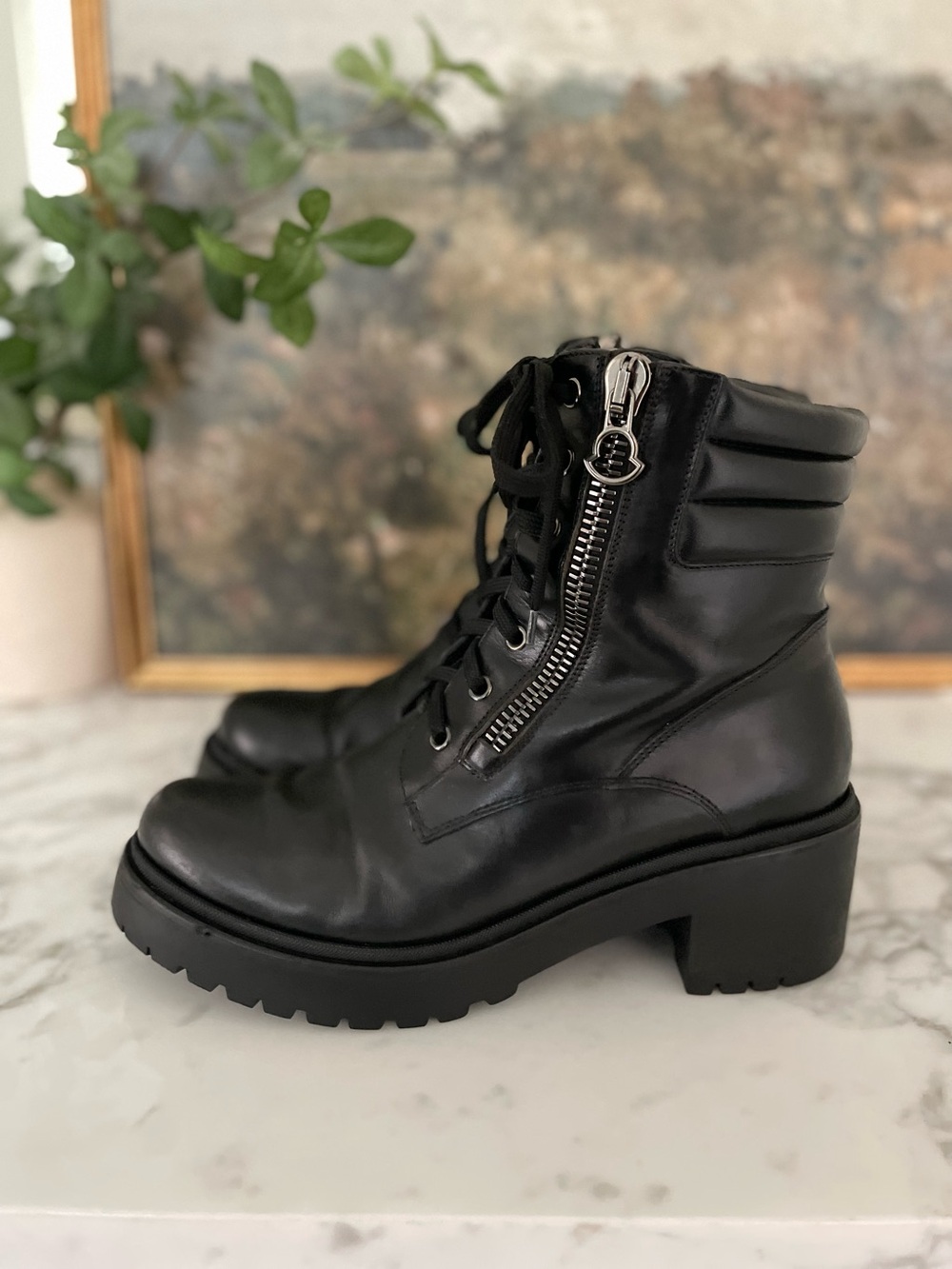 Moncler Viviane Leather Combat Boots Made in Italy Black Chunky Moto Size 40 - Picture 9 of 13